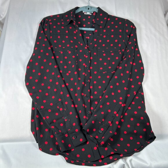 Express Size Small Slim Fit The Portofino Shirt Black & Red Polka Dot Blouse - Picture 11 of 11